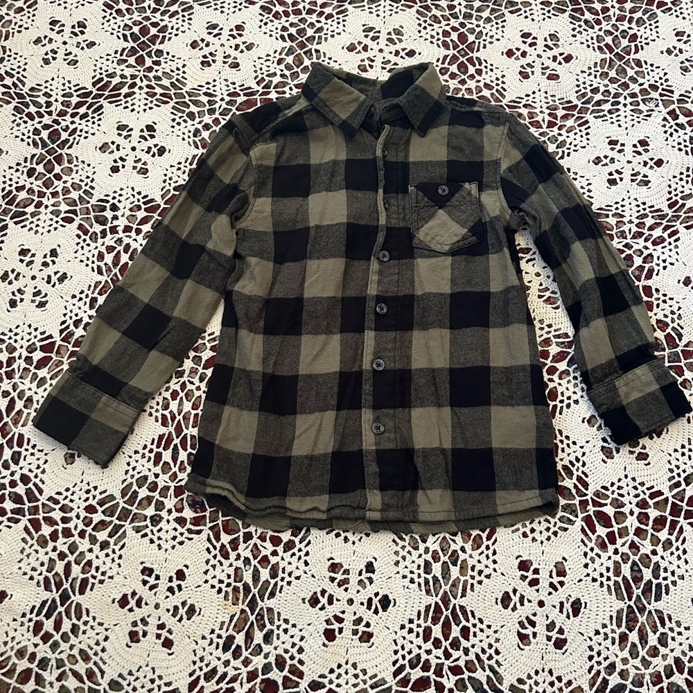 Wonder Nation Black and Khaki Green Plaid Kids Button Down Shirt